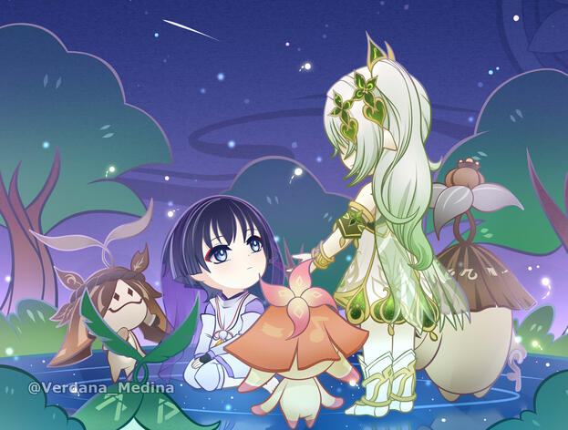 Kabukimono, Nahida and Aranaras from Genshin Impact Fanart