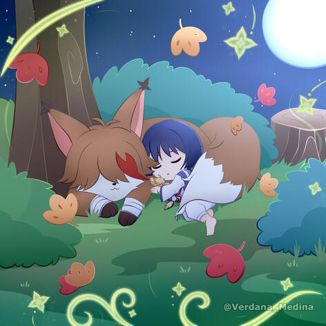 Kabukimono, Fox Niwa and nameless bird from Genshin Impact fanart Kabukimono, Fox Niwa and nameless bird from Genshin Impact fanart