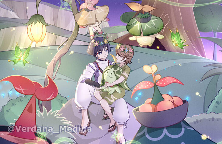 Kabukimono, nameless boy and Aranaras from Genshin Impact Kabukimono, nameless boy and Aranaras from Genshin Impact